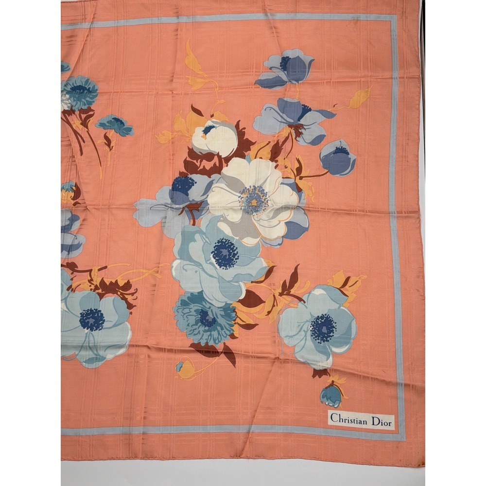 Christian Dior Vintage Silk Scarf Coral Pink Blue‎ Floral Plaid Jacquard 30x30